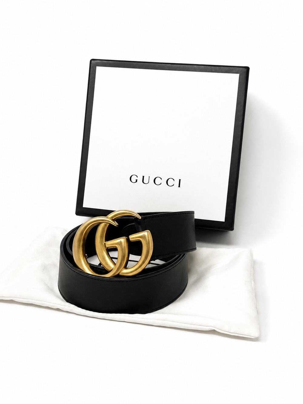 Gucci Marmont GG Black Leather Belt Gold Double G Buckle Size 80/32 Italy
